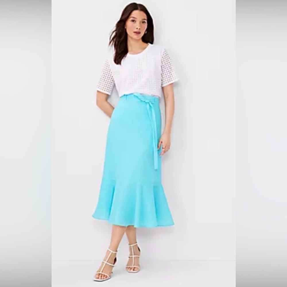 ANN TAYLOR Tie Waist Flounce Midi linen Skirt In Aqua Pop Sz 6